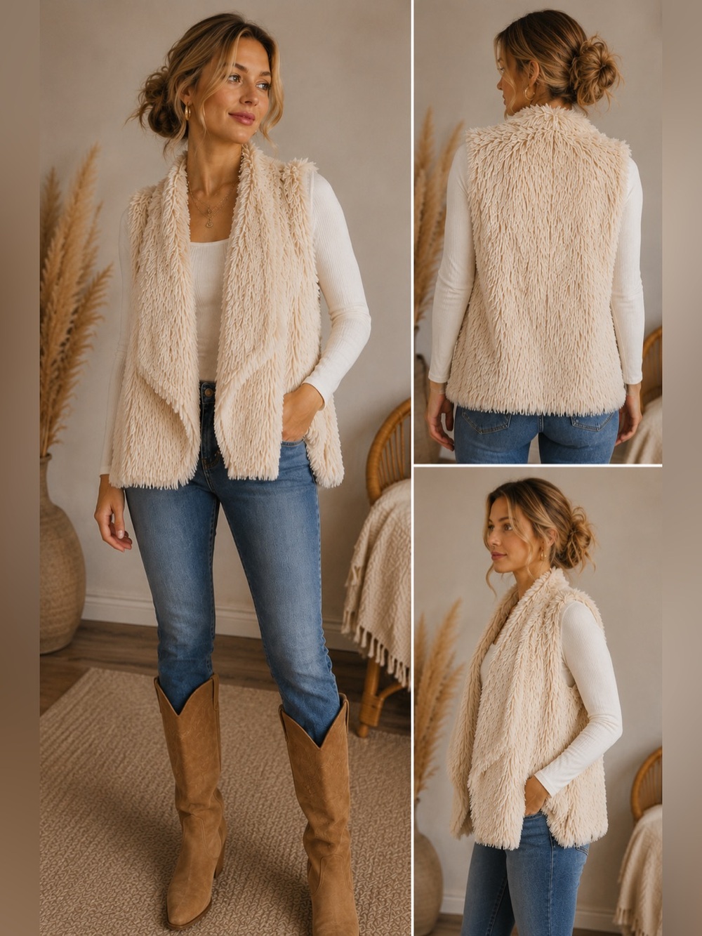 Vintage Jolt Cream Shag Faux Fur Waterfall Vest Boho Festival Cozy Cottagecore L